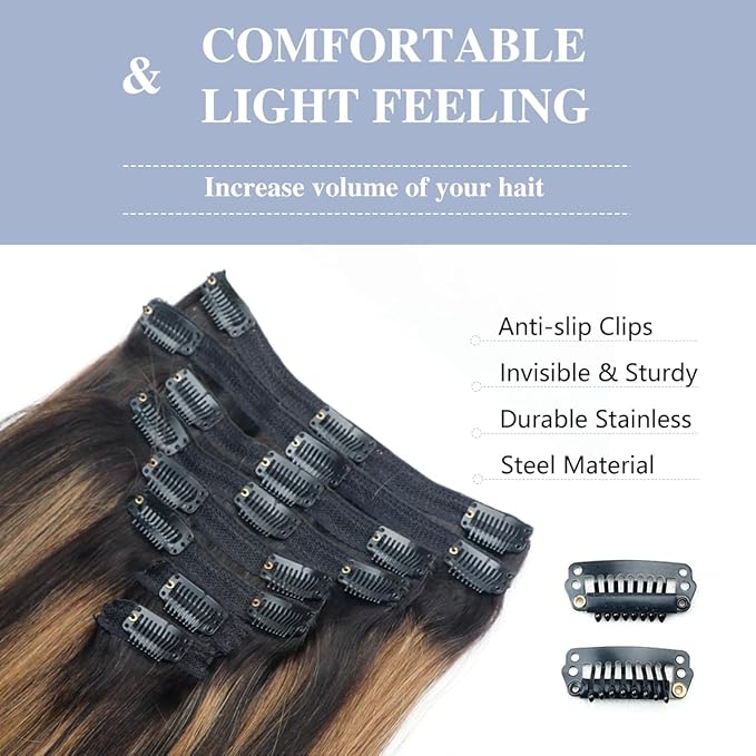 Balayage Clip in Hair Extensions Real Human Hair Straight Remy Human Hair Clip ins for Women, Natural Soft Human Hair, 8Pcs 120g, 28inch #1B/6/1B Balayage Natural Black to Chestnut Brown