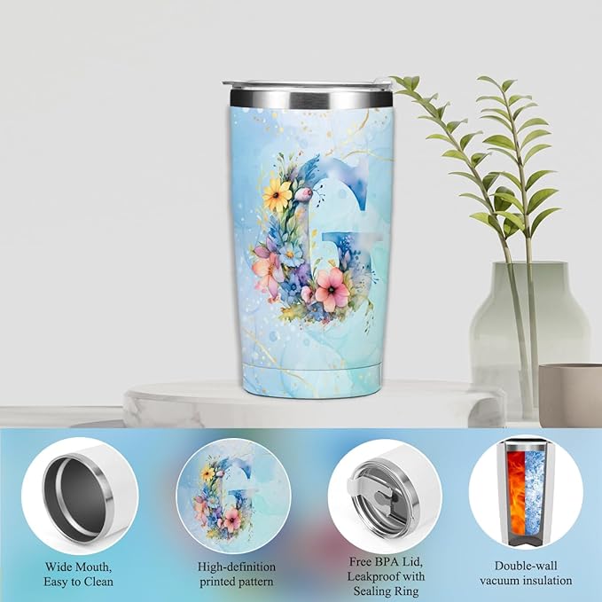 Personalized Gifts Monogrammed Birthday Gifts for Women, Mentor Employee Appreciation Christmas Initial 20 oz Tumbler, Makeup Bag Cup Ballpoint Pens Journal Notebook 6 Set, (Aesthetic Blue Flower G)