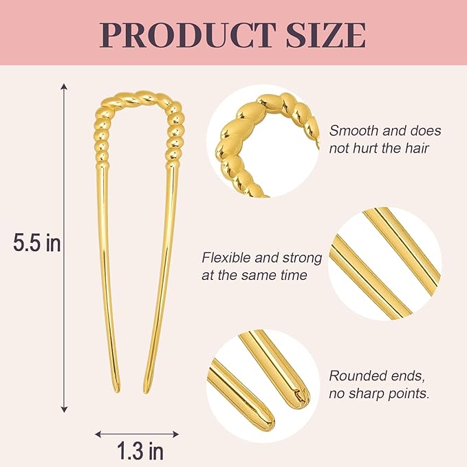 2PCS 5.5Inch French Hair Pins Large U-Shaped Pins for Women and Girls Fashion Metal Hair Pin French Twist Hair Pins for Buns, Updos,Stylish and Functional(set4-gold)