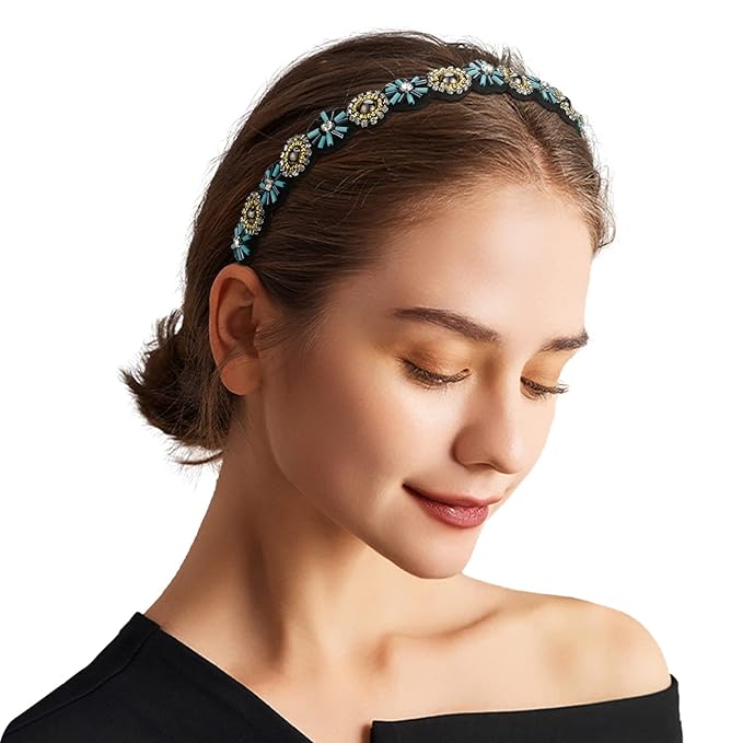 AMCAMI 5 Pcs Beaded Headband, Crystal Sparkly Hairbands for Women, Elastic Headbands with Pearls & Rhinestones, Hair Accessories for Women & Girls