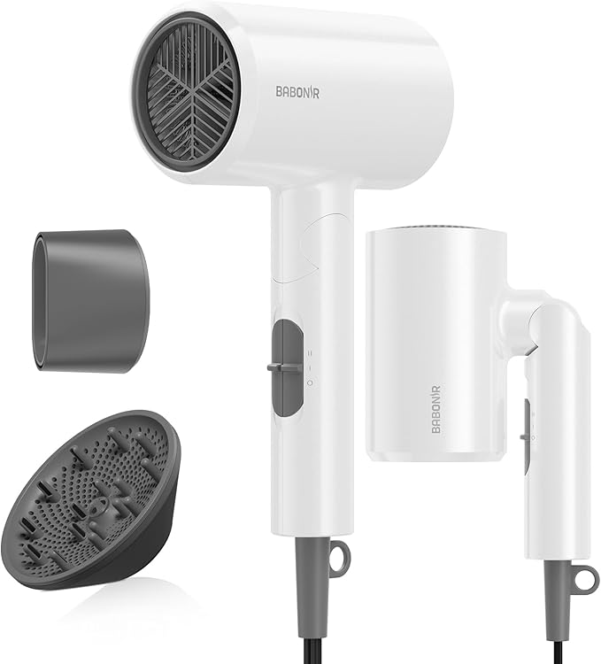 Blow Dryer with Diffuser, 1875W Fast-Drying, Foldable, Ionic Turbo Hair Dryer with Diffuser & Concentrator Nozzle, Compact, 3 Heat & 2 Speed Settings, 8FT Cord for Home Salon, White