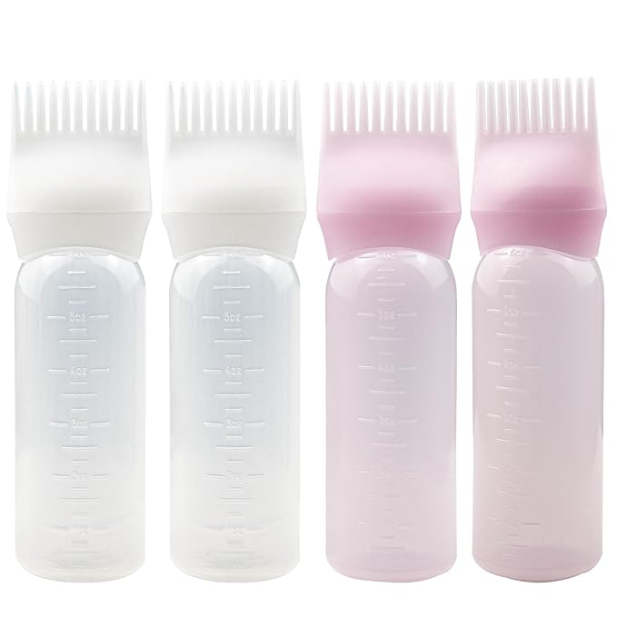 4 PCS Root Comb Applicator Bottle,Hair Oiling Applicator,Hair Oil Applicator Bottle for Hair Dye Shampoos Hair Salons.6oz (2white+2pink)