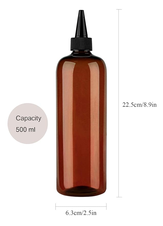 Amber Squeeze Hair Color Applicator Bottle 16 Ounce for Hair, PET Plastic Refillable With Twist Top Cap - 2 Pack, Brown