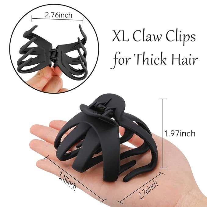 Jumbo Octopus Hair Clips - 3.15" Matte Black Claw Clips for Long, Thick Hair (Pack of 5)