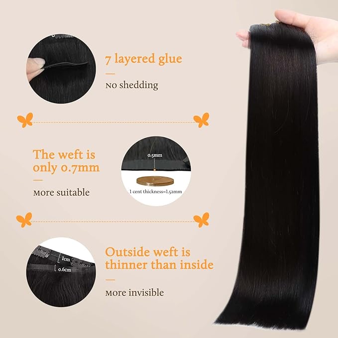 DOORES Seamless Clip-in Human Hair Extensions, Natural Black 7pcs 24 Inch 120g, Thick Hair Extensions Straight Invisi Edge
