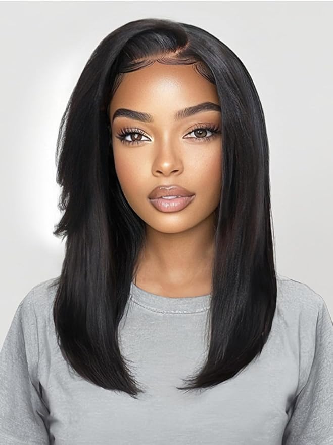Yiroo Light Yaki Straight Wig Human Hair with Side Swept Bangs,7x5 Lace Front Bye Bye Knots Glueless Wig Human Hair Pre Plucked Pre Cut,Elastic Drawstring Wear and Go Wig for Women 150% Density 16Inch