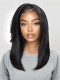 Yiroo Light Yaki Straight Wig Human Hair with Side Swept Bangs,7x5 Lace Front Bye Bye Knots Glueless Wig Human Hair Pre Plucked Pre Cut,Elastic Drawstring Wear and Go Wig for Women 150% Density 16Inch