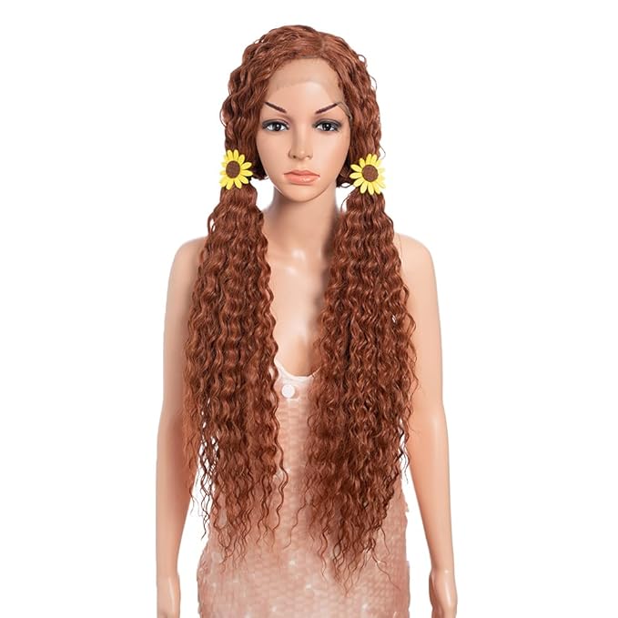 Style Icon 36”Super Long Curly Wig C-Shaped Side Part Lace Wig Afro Baby Hair Synthetic Orange Red Color Wigs(36 inches, 130T)