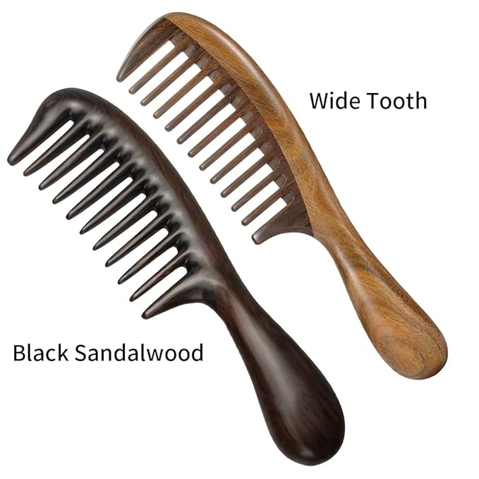 Louise Maelys 2pcs Wooden Wide Tooth Comb for Curly Thick Hair Anti-Static Black & Green Sandalwood Detangler Hair Comb for Women Men