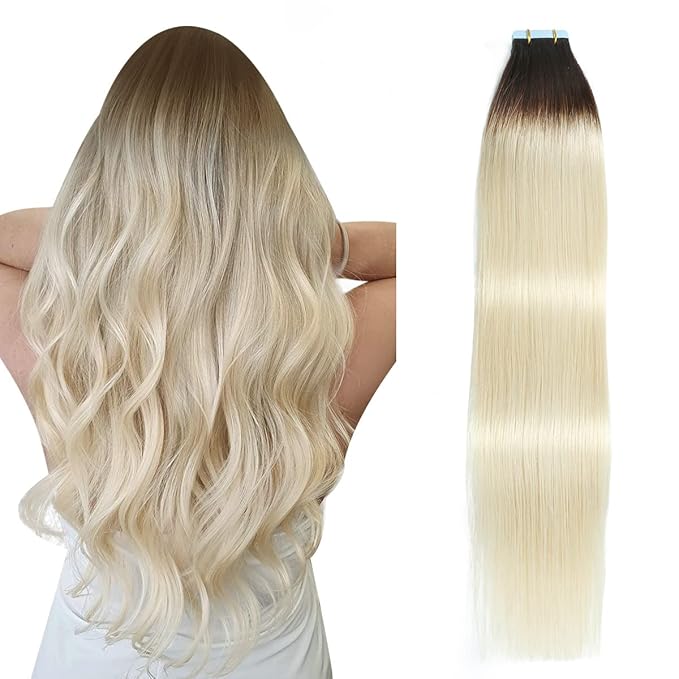 SUYYA Tape in Hair Extensions Human Hair Ombre Darkest Brown to Platinum Blonde 14 Inch 40g/pack 20pcs Straight Seamless Skin Weft Tape in Real Human Hair Extensions(14inch #T2/60)
