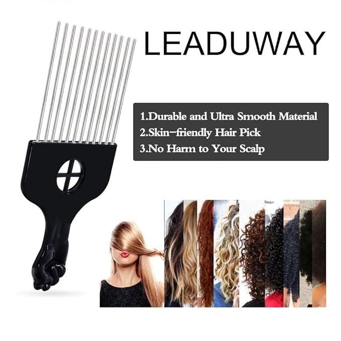 6Pcs Afro Picks Metal Hair Combs, Steel Teeth Hair Pick for Curly, Coily, Natural Hair, Detangling, Styling Comb for Men Women (Black)