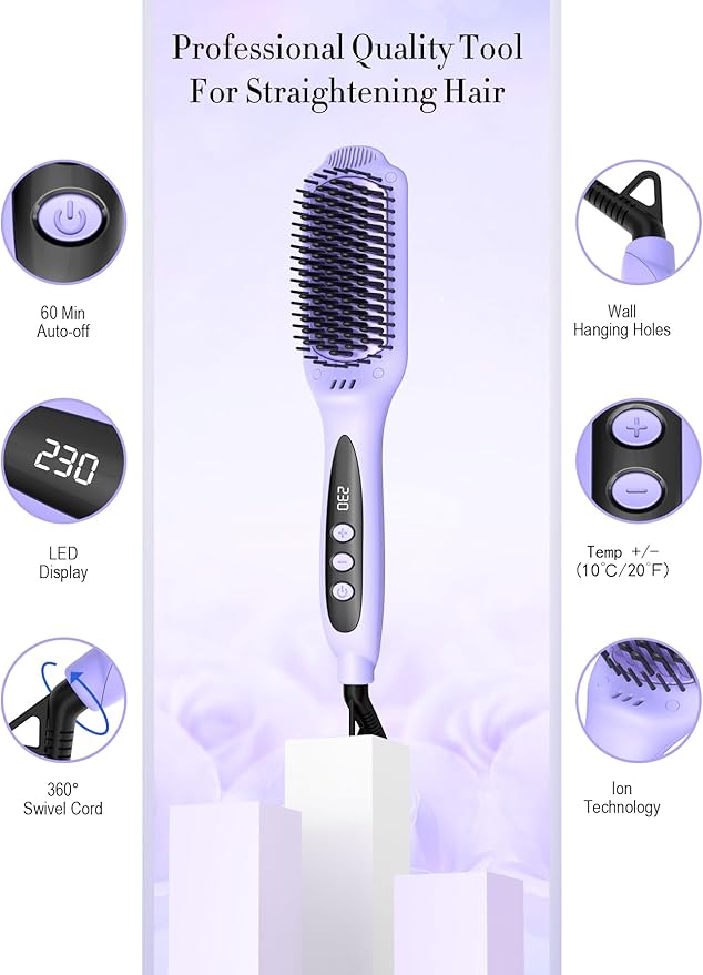 LANDOT Hair Straightener Brush for Damaged Hair - Keratin & Argan Oil Coated Bristles, Ionic Ceramic Straightening Brush to Reduce Frizz & Nourish Hair, Dual Voltage, 12 Temp 250-450F, Purple