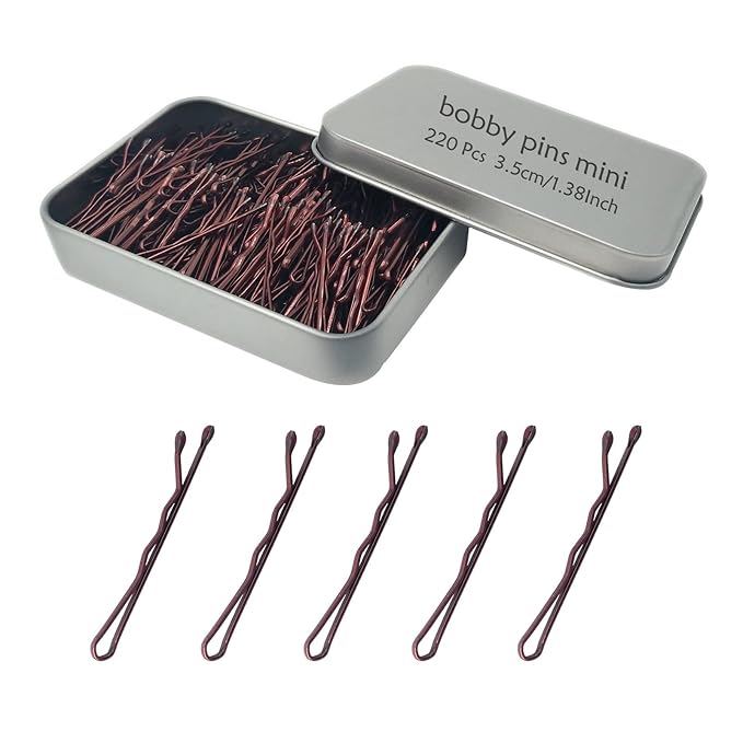 220 Count Mini Wavy 1.38 Inch Bobby Pins Brown, YINGFENG Small Hair Bobby Pins with Storage Box for Updos, Metal Hair Clips for Kids, Girls and Women, Suitable for All Hair Types