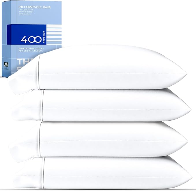 THREAD SPREAD 100% Cotton Pillowcases Standard/Queen Size Set of 4-400 Thread Count Cotton Pillowcases, Ultra Soft Cool Sateen Weave Pillow Cases for Sleeping, Set of 4 Pillow Covers (White)