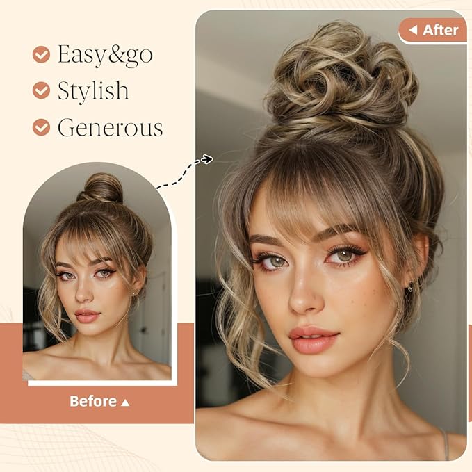 CJL HAIR 2PCS Messy Bun Hair Pieces Wavy Curly Synthetic Updo Chignon Fake Scrunchies Ponytail Extension for Women Sunny Blonde