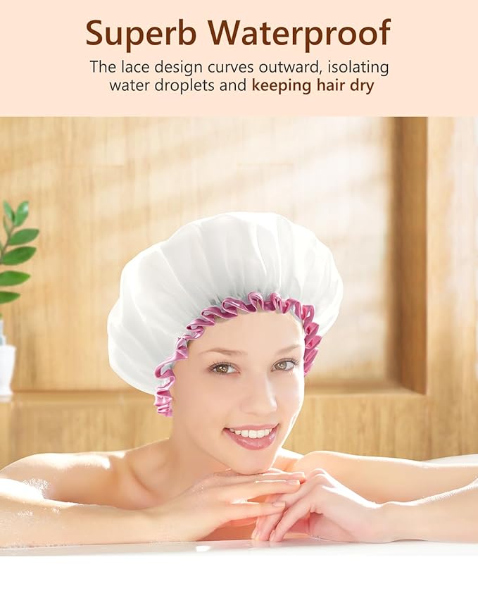 mikimini White Shower Cap Pack of 2 Waterproof Reusable Double Layers Bathing Hair Caps with Soft Comfortable PEVA Lining, Cute, Non-fading & Stretchy Shower Hat Medium White