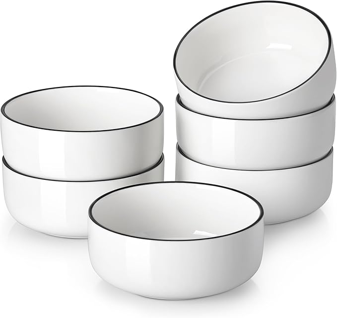 MALACASA 24 OZ Cereal Bowls, Porcelain Soup Oatmeal Bowls Set of 6, White Kitchen Ceramic Serving Bowl wtih Black Rim, Dishwasher Microwave Oven Safe, White, Series LUNA
