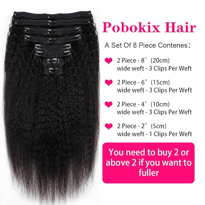 Kinky Straight Clip in Hair Extensions Real Human Hair 8Pcs Brazilian Human hair Clip ins for Black Women, Natural Soft Human Hair 120g 18inch #1B Natural Black