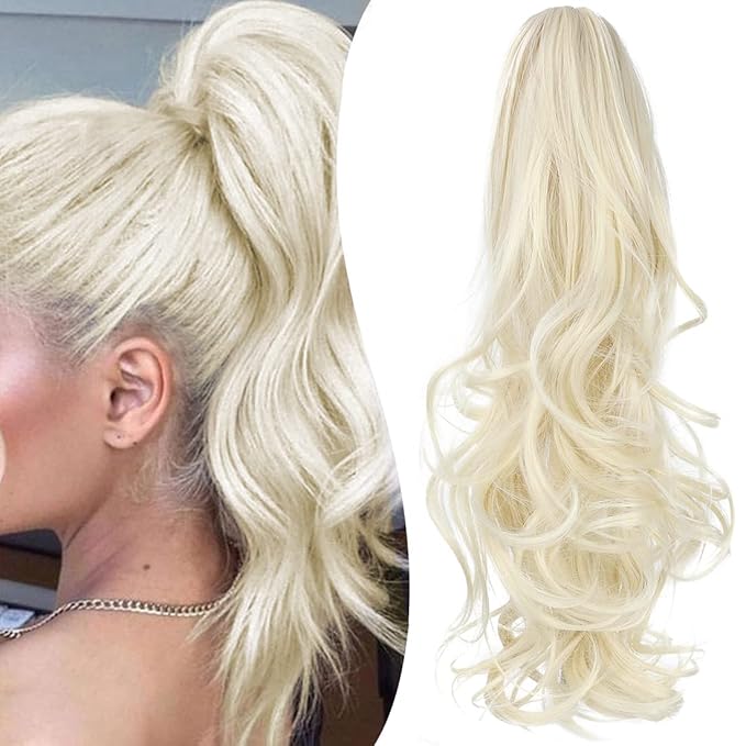 Claw Clip Ponytail Extension 18" Clip in Wavy Ponytail Hair Extensions Long Pony Tails for Women Extensions Platinum Blonde Wave Hairpiece