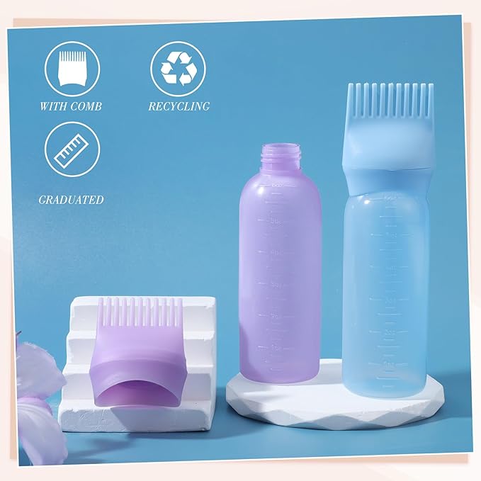 Pimoys Hair Oil Applicator Bottle for Scalp, Root Comb Applicator Bottles Hair Dye Squeeze Bottle Hair Coloring Tools, 2 Pack (Blue, Purple)