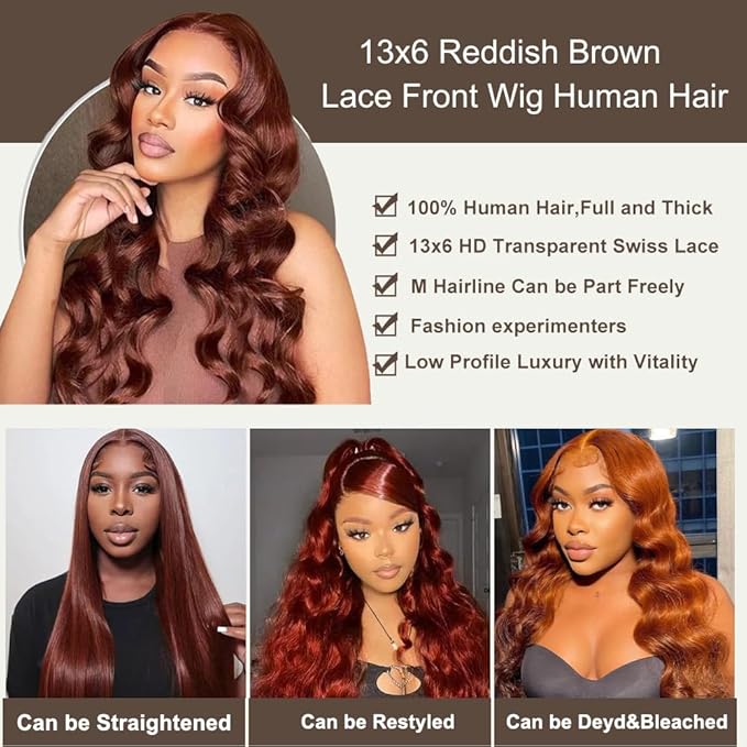 BVH 32 Inch Reddish Brown 13x6 Lace Front Wigs Human Hair Body Wave Wigs Human Hair 200 Density Hd Lace Frontal Wigs M Hairline 33# Brown Wigs (13x6 Reddish Brown Lace Front Wigs Human Hair, 32 Inch)