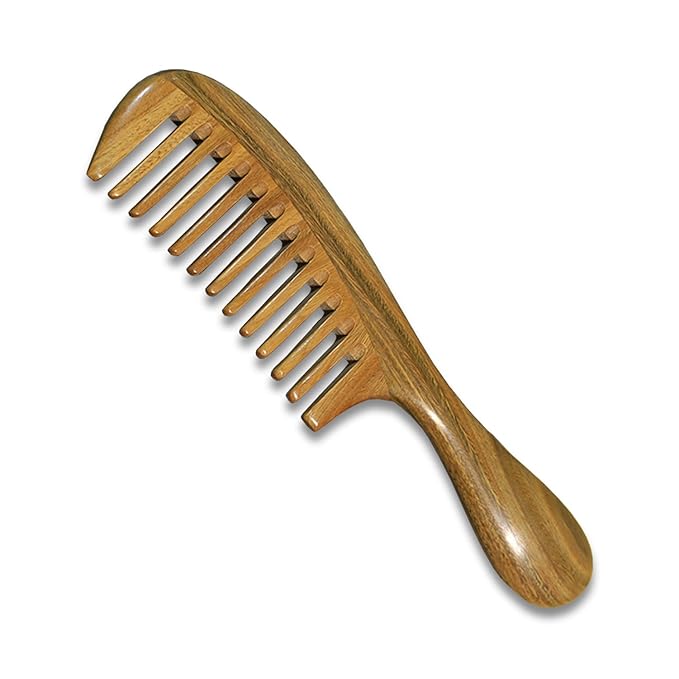 Green Sandalwood Wide Tooth Hair Comb with Handle - Detangling Brush for Curly/Coily Hair, Split Ends Repair & Gentle Scalp Care (Anti-Static Wooden Design)