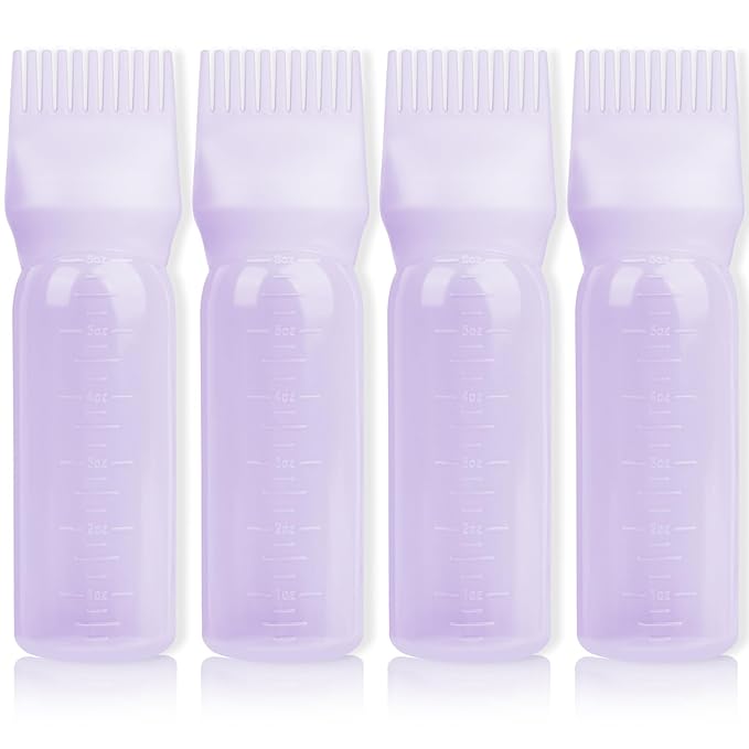 BLAAROOM Root Comb Applicator Bottle 6 Ounce, 4 Pack - Hair Oil Applicator with Root Comb Brush for Scalp Hair Oiling - Purple