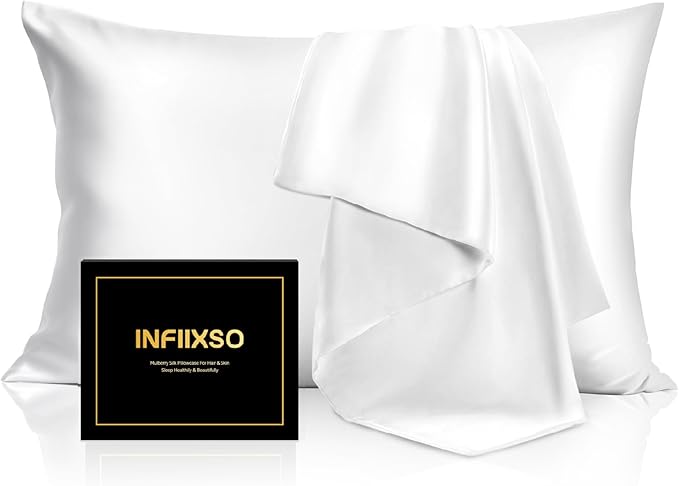 INFIIXSO Mulberry Silk Pillowcase for Hair and Skin, Silk Pillow Cases Standard Size with Hidden Zipper 20x26 Inches, Extraordinary Smooth and Soft Cooling Pillow Cases for Hot Sleepers(White, 1 Pack)