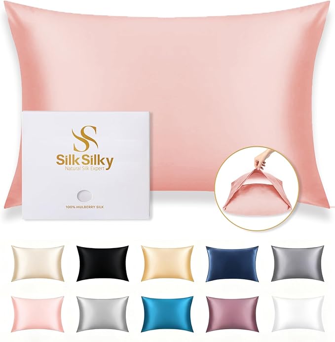 SilkSilky 100% Mulberry Silk Pillowcase - Pure 22 Momme High-Grade 6A Fibers for Hair & Skin, Envelope Closure, Natural, Organic, Breathable & Cooling Pillow Case (Standard, Pink)