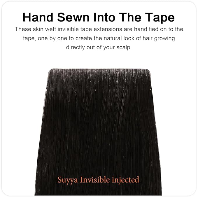 SUYYA Invisible Tape in Hair Extensions Human Hair Natural Black Seamless Injected Hand-Tied Pro Quality Virgin Human Hair 20PCS 40G/Pack Straight Tape Ins(16 inch #1B Off Black)