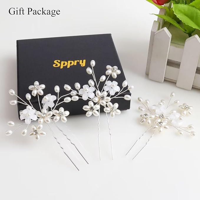 Elegant Pearl Wedding Hair Pins, Bendable Floral Crystal Hair Accessories for Bridal Women, Pack of 3 (Silver)