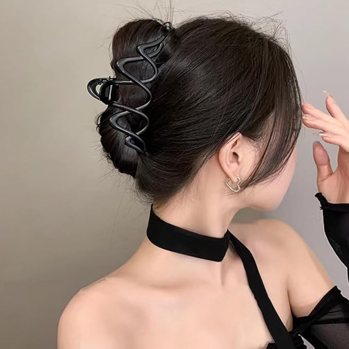 1 PCS Metal Large Claw Clips for Thick Heavy Hair, Strong Hold Big Non-Slip Hair Catch Barrette Black Wave Exquisite Design Jaw Clamp for Long Hair, Fashion Styling Hair Accessories for Women Girls