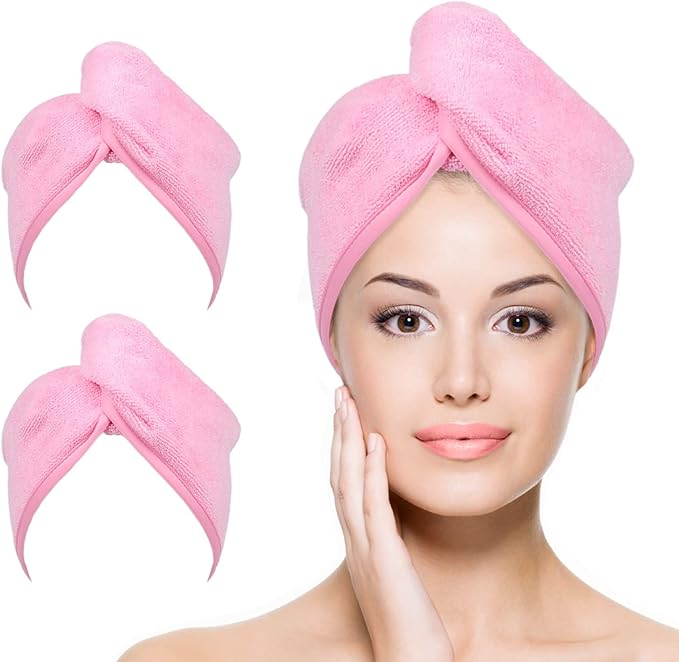 YoulerTex Microfiber Hair Towel Hair Wrap: 2 Pack 10X26 Hair Dryer Towels for Women Absorbent Turban Twist Hair Drying Shower Cap Curly Hair Products for Hair Care Hair Accessories (06 2-Pcs Pink)