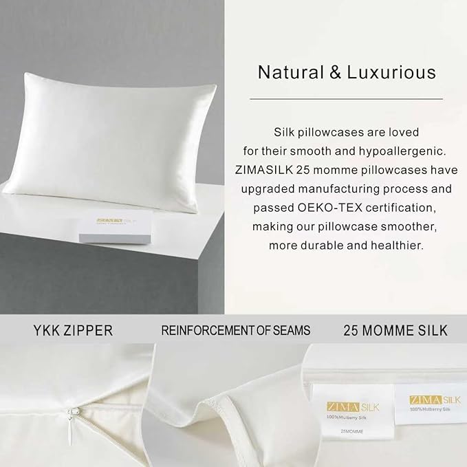 ZIMASILK 25 Momme 100% Pure Mulberry Silk Pillowcase for Hair and Skin Care, Highest Grade 6A Pillow Cases for Women, Long-Lasting Durablity, Gift for Women Men, 1Pc (Standard 20"x26", Ivory)