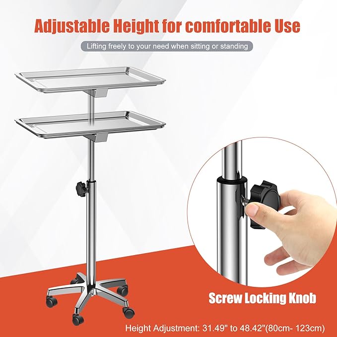 ChoJiah Extra Large Mayo Stand Rolling Salon Tray Hairstylist Tray Heavy Duty Tattoo Tray, Ideal Use for for Hair Salon Dental Hairstylist Cart