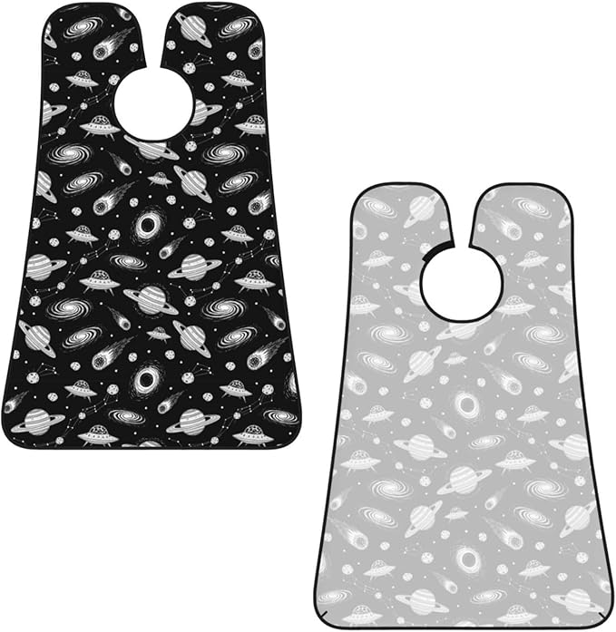 Men's Beard Maintenance Apron, Waterproof & Easy Clean, Universe Cartoon Galaxy Stars Planets UFO Black and White