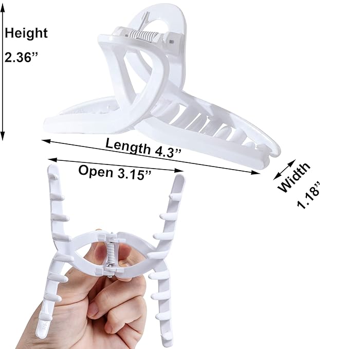 Solid White Large Hair Claw Clips for Thick/Fine/Thin Hair,Strong holding teeth interlocking Women Jaw Clips for Hair 3 Count In set(White)