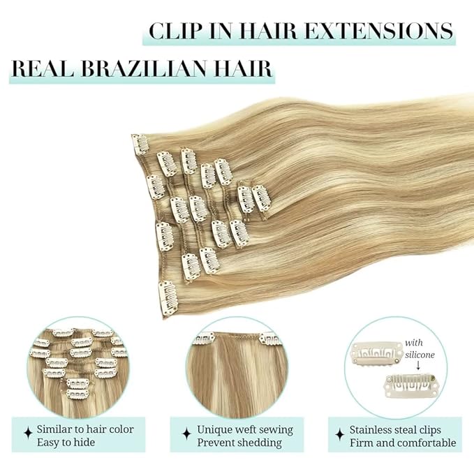 DOORES Clip in Hair Extensions, Real Human Hair, Balayage Dark Blonde Highlighted Bleach Blonde, 20 Inch 120g 7pcs, Remy Natural Straight Thick