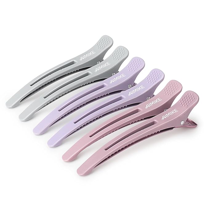 AIMIKE Hair Sectioning Clips with Silicone Band - 6pcs No Crease Duck Billed Clips for Styling, Cutting, and Rollers in Morandi Color