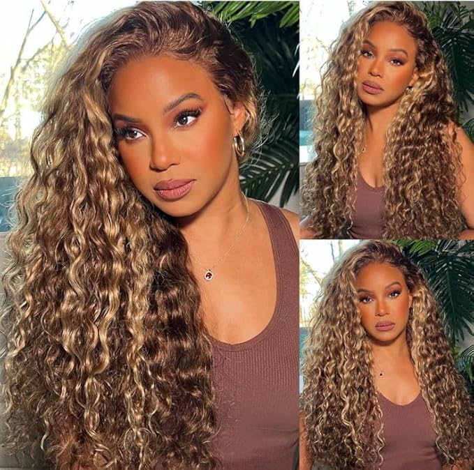 34 Inch Highlight Ombre Human Hair Wigs 13x6 HD Honey Blonde Deep Wave Lace Front Wigs Human Hair 180 Density Glueless Deep Wave 4/27 Colored Wet and Wavy Curly Wig Pre Plucked for Women