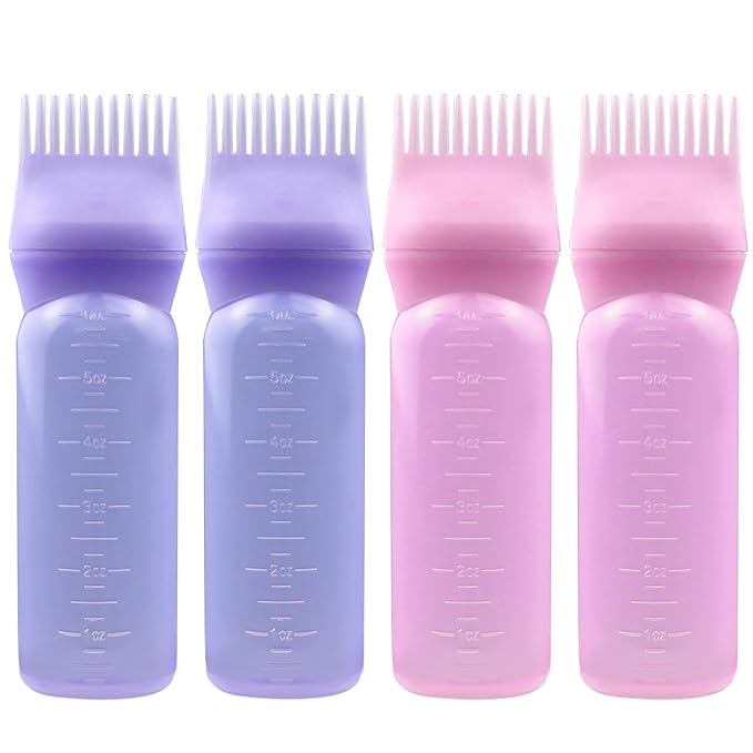ELANE 4PCS Hair Oil Applicator Bottles - Root Comb Bottles for Scalp Oil and Hair Oiling, 6oz (2 Pink + 2 Purple)