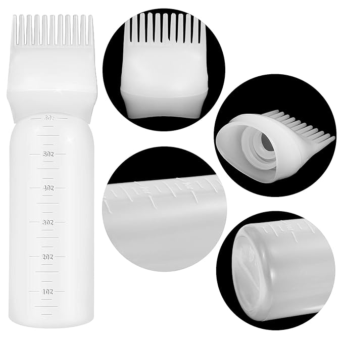 4Pcs Root Comb Applicator Bottle, 6 Ounce Hair Dye Bottles with Comb and Graduated Scale Plastic Hair Oil Brush for Hair Care and Color, White