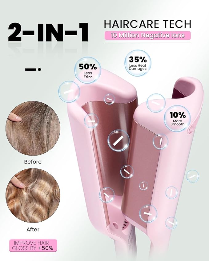 1 1/4 Inch Hair Waver Crimper,Cimper Hair Tool Hair Crimper for Women Beach Wave,Deep Wave Curling Iron with 2 Ceramic Barrel,Pink
