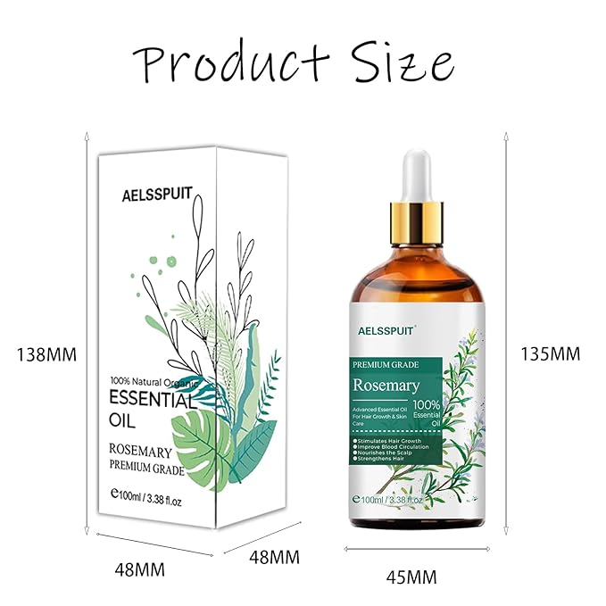 Rosemary Essential Oil for Hair Growth & Scalp Care - 3.38 Fl Oz (100ml) 100% Pure Organic Cold Pressed Oil in Glass Bottle - Aromatherapy Diffuser, Skin & Nail Treatment(Large, Rosemary)