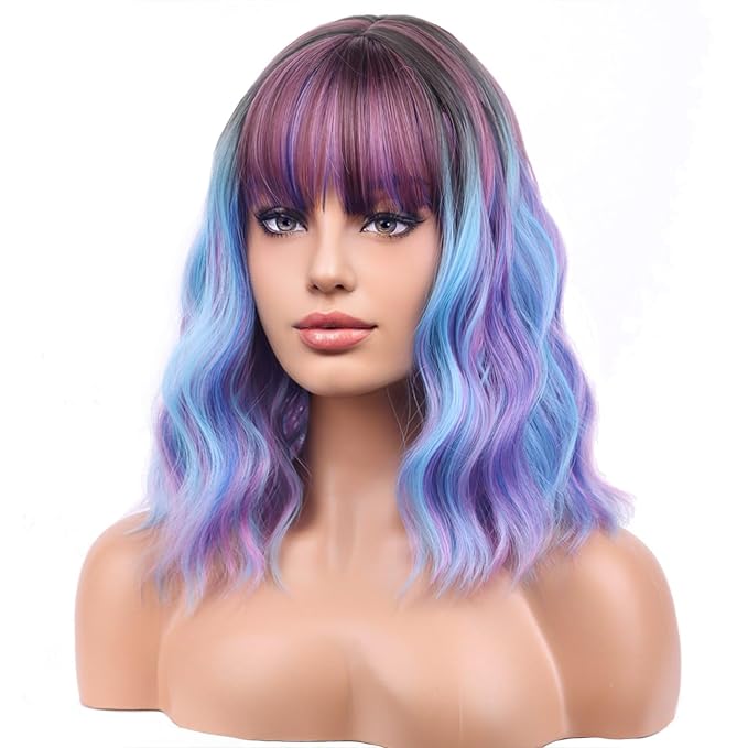 BERON 14 Inches Colorful Wigs with Bangs Short Colorful Bob Wigs for Women Loose Wavy Wig for Women Girls