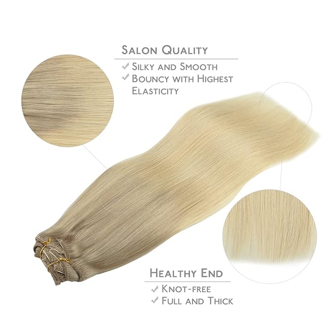 WENNALIFE Clip in Hair Extensions, 150g 20 Inch 9pcs Ash Blonde to Golden Blonde and Platinum Blonde Human Hair Extensions Thicker Clip in Hair Extensions Real Human Hair Clip Set Double Weft