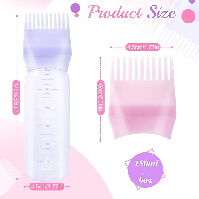 6PCS 6oz/180ml Root Comb Applicator Bottle,Hair Oil Applicator with Comb,Plastic Hair Dye Bottle Applicator Brush with Graduated Scale