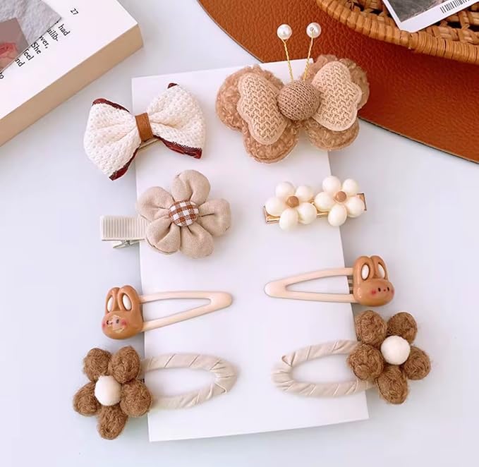 Hair Clips for Baby Girls-8 Pcs Beige Hair Accessories with Knitted Flower, Bow, Butterfly Designs-Soft Wool and Crochet Hairpins-Non-Slip Barrettes for Daily and Occasional Wear (Design 4-8pc Set)