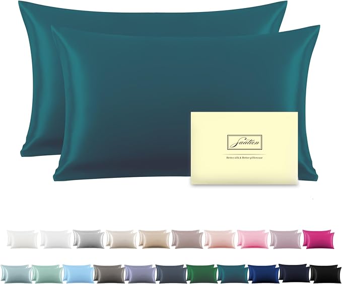 Silk Pillow Cases 2 Pack Soft Breathable and Sliky King Size Pillow Cases Set of 2,Natural Mulberry Satin Silk Pillowcase with Hidden Zipper for Hair and Skin (Teal,20"X 36",2pcs)
