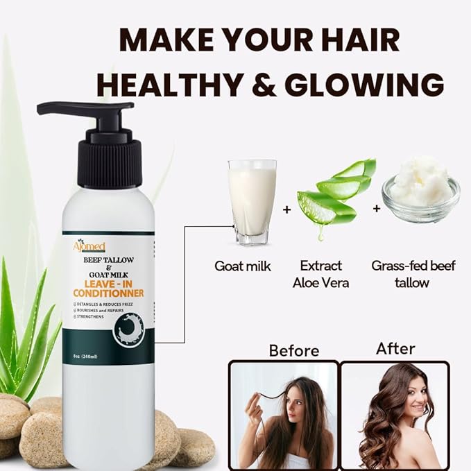 Beef tallow & Goat milk Leave-In Conditioner| Handmade hair Detangler- Anti-Frizz dreadlock moisturizer-Split Ends Breakage (12 Fl Oz)
